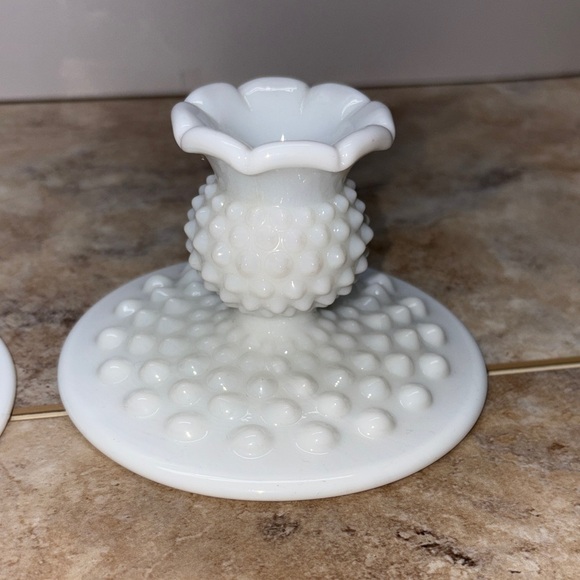 Set of 2 Vintage Fenton Hobnail Milk Glass Candlesticks Pair Candle Holders 3”T - Picture 5 of 8